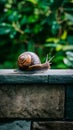 Snail on a stone wall, slow paced wildlife movement photo Royalty Free Stock Photo