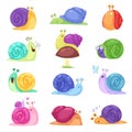 Snail vector snail-shaped character with shell and cartoon snailfish or snail-like mollusk kids illustration set of