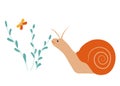 Snail vector stock illustration. Children`s spring greeting card. Royalty Free Stock Photo