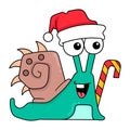 A snail wearing a christmas outfit carrying a candy cane, doodle icon image kawaii