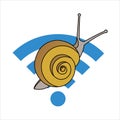 Snail On The Wi-Fi Sign. Slow Internet Speed. Symbol of Slowness. Modern flat Vector illustration. Royalty Free Stock Photo