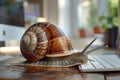 Snail working on laptop computer, concept of slow internet or work Royalty Free Stock Photo