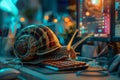 Snail working on laptop computer, concept of slow internet or work Royalty Free Stock Photo