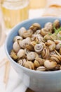 Snails in blue bowl Royalty Free Stock Photo