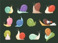 Snails characters. Cartoon insects with spiral house shell slug slime vector illustrations