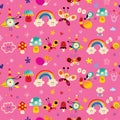 Snails, flowers, mushrooms, rainbows cute characters nature seamless pattern Royalty Free Stock Photo