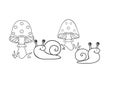 Snails and fly agarics. Funny snails under mushrooms.