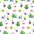 Snails and frogs, seamless pattern. Destky style.