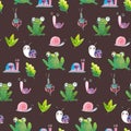 Snails and frogs, seamless pattern. Destky style. Royalty Free Stock Photo