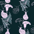 Snails and lilies. Seamless pattern with snail and flower. Vector illustration. Royalty Free Stock Photo