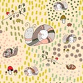 Snails, mushrooms, flowers, grass vector seamless pattern