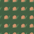 Snails with orange spirals details seamless pattern. Green background. Wildlife backdrop. Flat animal print