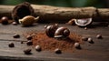 Romantic Snails on Cocoa Powder and Roasted Coffee Beans Royalty Free Stock Photo