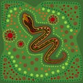 Snake in australian aboriginal style. Australia indigenous art green background with snake and dots.