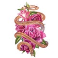 Snake with beautiful garden roses. Compositions of red and pink roses, watercolor illustration. Printing use t-shirt.