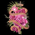 Snake with beautiful garden roses. Compositions of red and pink roses, watercolor illustration. Printing use t-shirt.