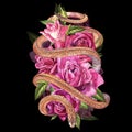 Snake with beautiful garden roses. Compositions of red and pink roses, watercolor illustration. Printing use t-shirt.