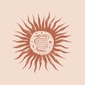 Snake boho logo sun, engraving vintage style. Royalty Free Stock Photo