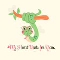 Snake character Valentine\'s Day poster is lettering my heart beats for you