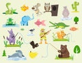 Snake character wildlife nature viper mouse owl frog flat python man character venom predator animal vector illustration