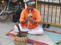 Snake charmer playing musical instrument