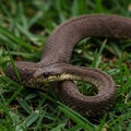 A snake is coiled on grass, showcasing its brown scales and Royalty Free Stock Photo