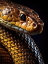 Snake is coiled up and looking at camera. The snake\'s head is in close proximity to its body, with its eyes staring Royalty Free Stock Photo