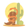 Snake and cowboy boot cactuses on American desert background. Vector cartoon wild west illustration with green cactuses Royalty Free Stock Photo