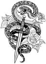 Snake, dagger and roses black and white tattoo