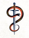 Snake and Dagger, Serpent wraps around a sword vector vintage tattoo, Life is a Fight concept, allegorical logo or emblem of