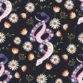 Snake floral seamless pattern. Vector flower magic mystic boho background