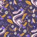 Snake floral seamless pattern. Vector flower magic mystic boho background