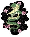 Snake with flower and Japanese cloud tattoo design vector