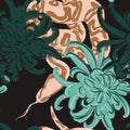 Snake and flowers coral green pattern. Contrast mint beige snake and chrysanthemum isolated on black background