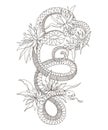 Snake with flowers and leaves. Old school tattoo style. Isolated element on white background. Royalty Free Stock Photo