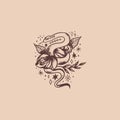 Snake and flowers oldschool tattoo. Boho vector illustration.