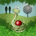 Snake with the fruit of sin Royalty Free Stock Photo