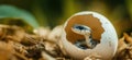 Snake hatching from egg, showcasing intricate patterns and textures, surrounded by natural foliage and earthy materials Royalty Free Stock Photo