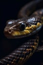 Snake head on black background. Viper portrait close-up. Wild life. Beautiful brown and yellow cobra with big eyes. Image is AI