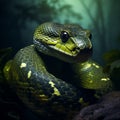 Photographically Detailed Portrait Of A Green Snake In Mysterious Jungle
