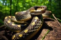 A snake with its mouth wide open sits on a log, showcasing its deadly fangs in a natural forest setting, The Texas rat snake