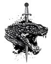 Monochromatic Snake and knife. Old school tattoo. Vector Tattoo Art Snake and Knfe