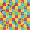 Snake and ladders grid. Color tiles game board with cute snakes and ladder to rise abstract vector illustration