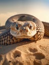 Snake is laying on top of sand. The snake\'s head and eyes are visible in close proximity to each other, with its eye