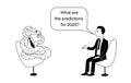 Snake and man are talking. Vector black outline image.