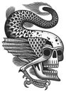 Snake and skull oldskool tattoo flash.