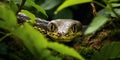 Snake peeks out from around leaves in forest , concept of Camouflaged predator