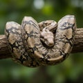 A snake, resembling a python or boa, is coiled around a tree branch. The snake\'s scales Royalty Free Stock Photo