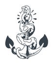 Snake sits on an anchor illustration in the style of a traditional tattoo