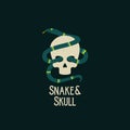Snake and Skull Abstract Vector Sign, Symbol or Logo Template. Flat Style Illustration. Black Background and Shabby